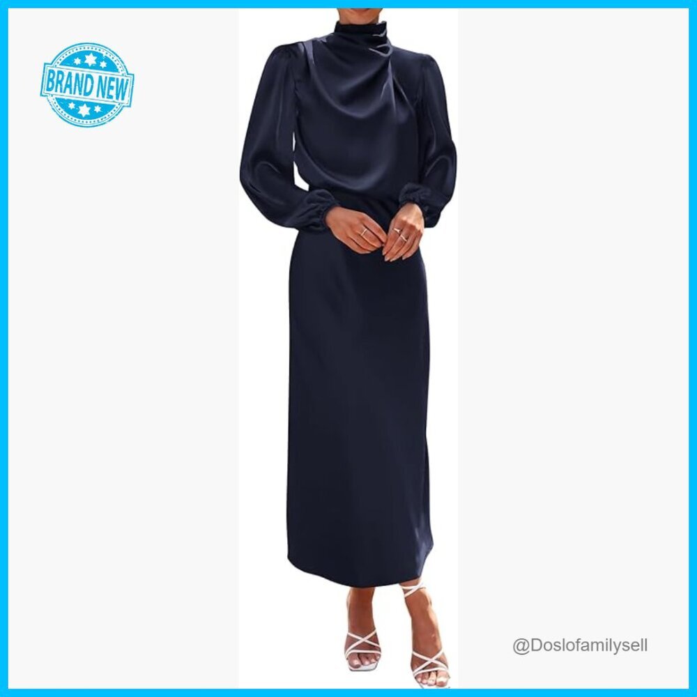 Satin Maxi Dress Elegant Formal Cocktail Party Wear Mock Neck Long Sleeve